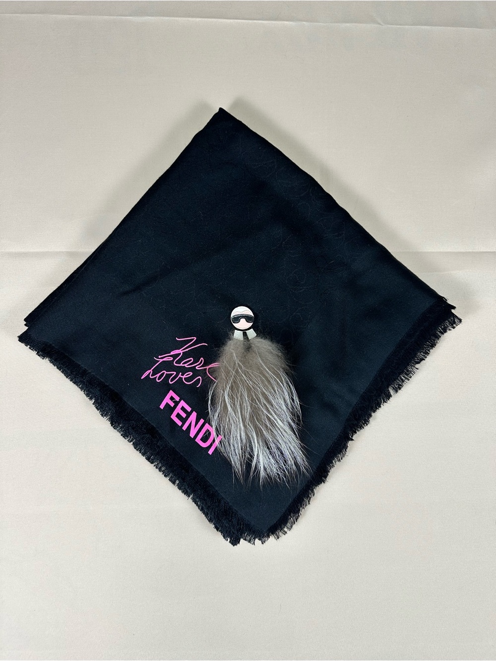Fendi Karlito Silver Fox Fur Charm Silk Wool Shawl Scarf Jacquard 55x55
